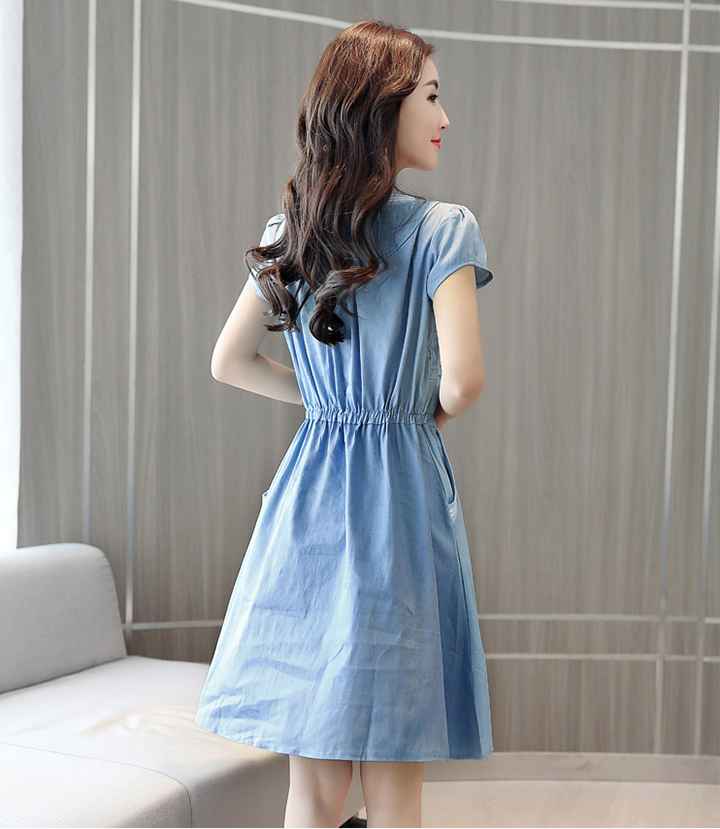 ĐẦM JEAN FORM A CỔ TIM BO THUN THẮT EO